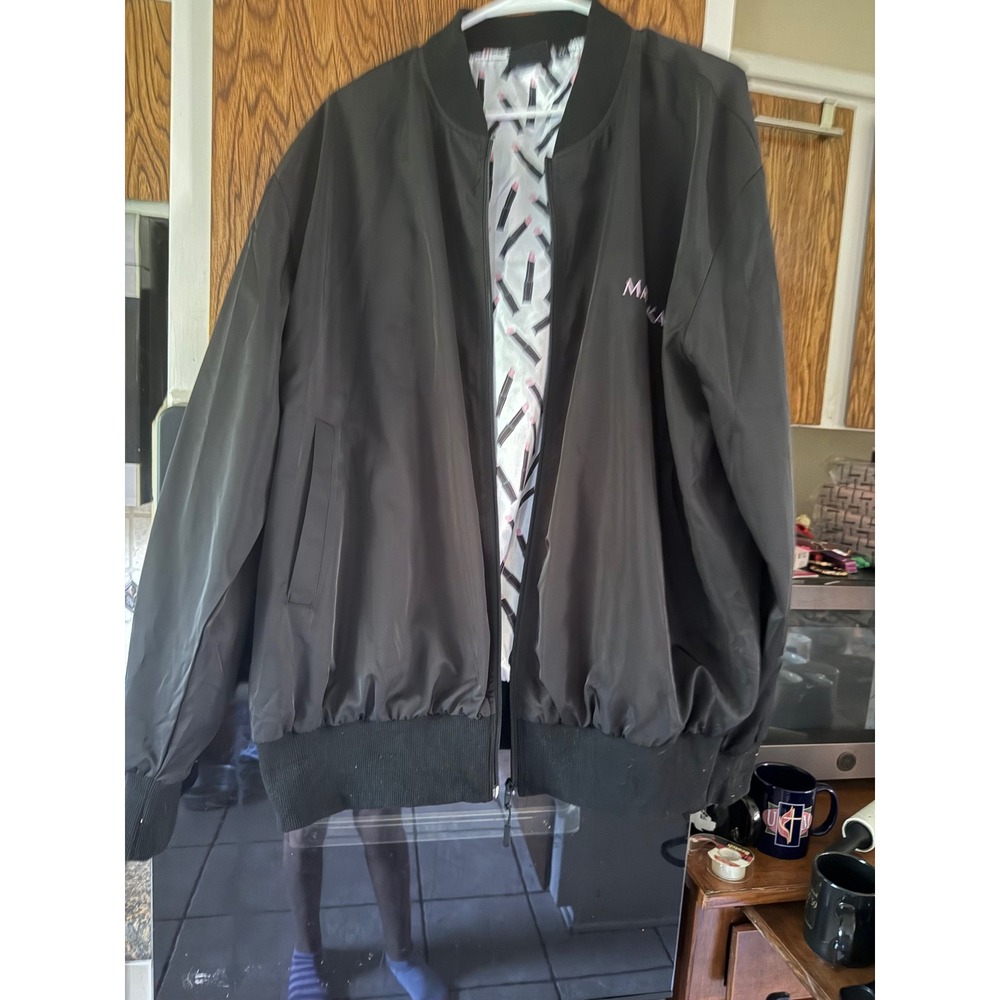 Mary Kay Women Bomber Jacket‎ XL Black Lipstick Print Lining Zip Up Consultant